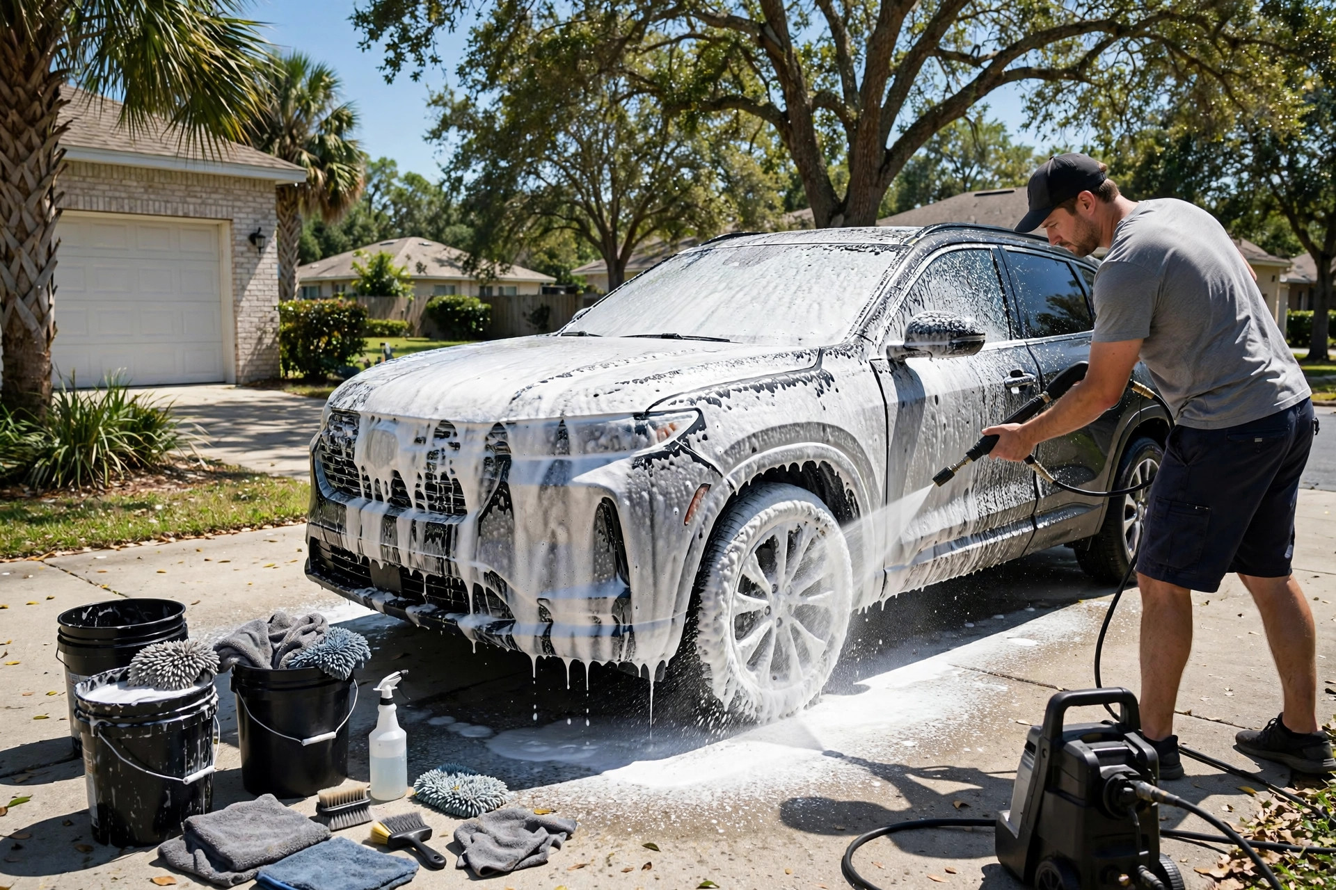 Mobile foam wash in a residential driveway