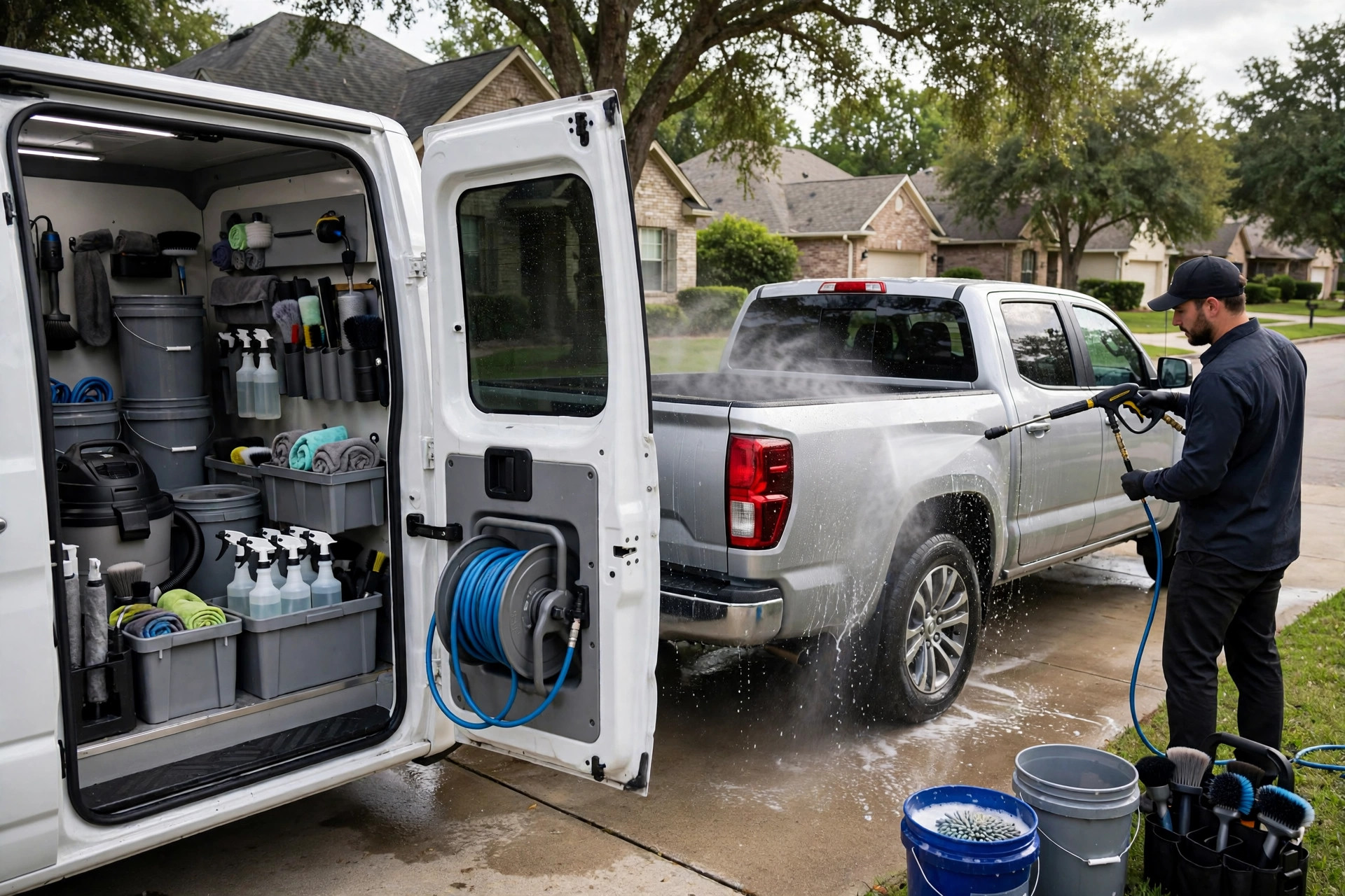 Freshly detailed truck rinsed in a suburban driveway