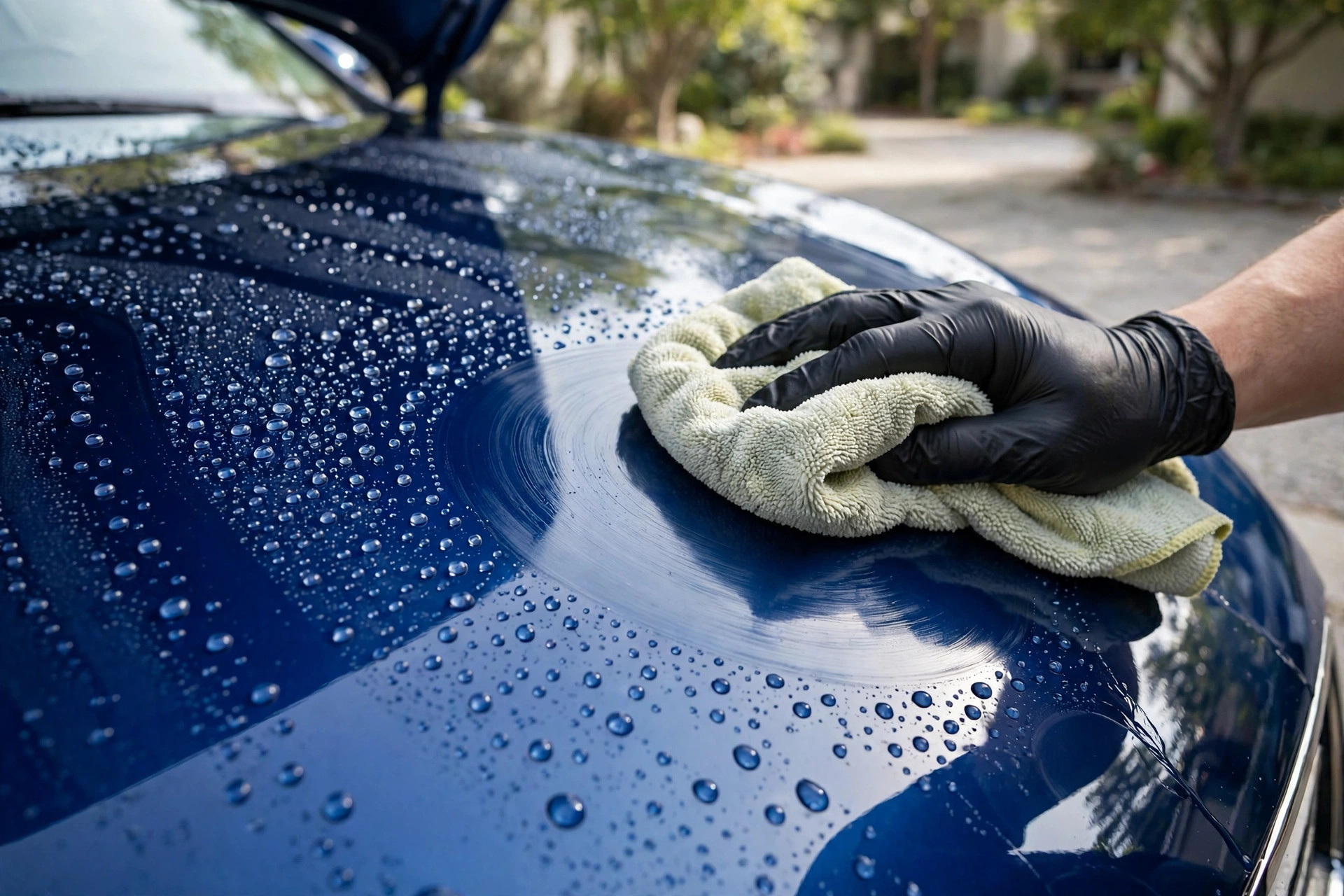 Hand polishing and wax sealant on a glossy hood